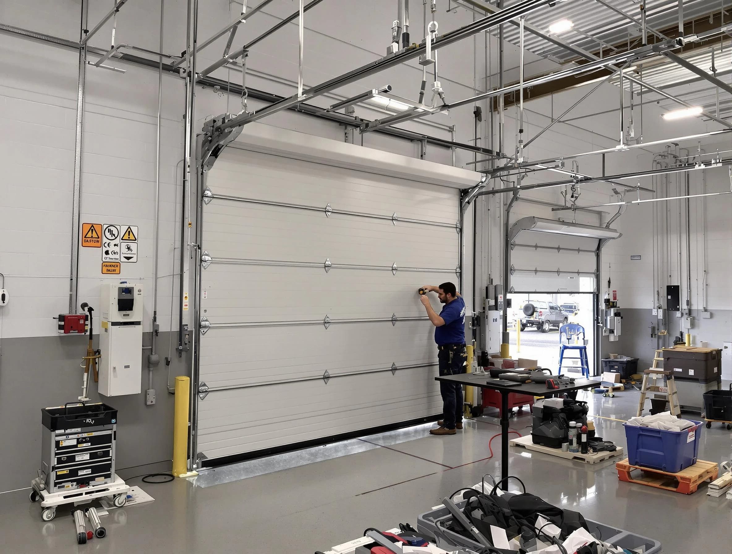Commercial garage door repair being performed by Locust Grove Garage Door Repair expert in Locust Grove