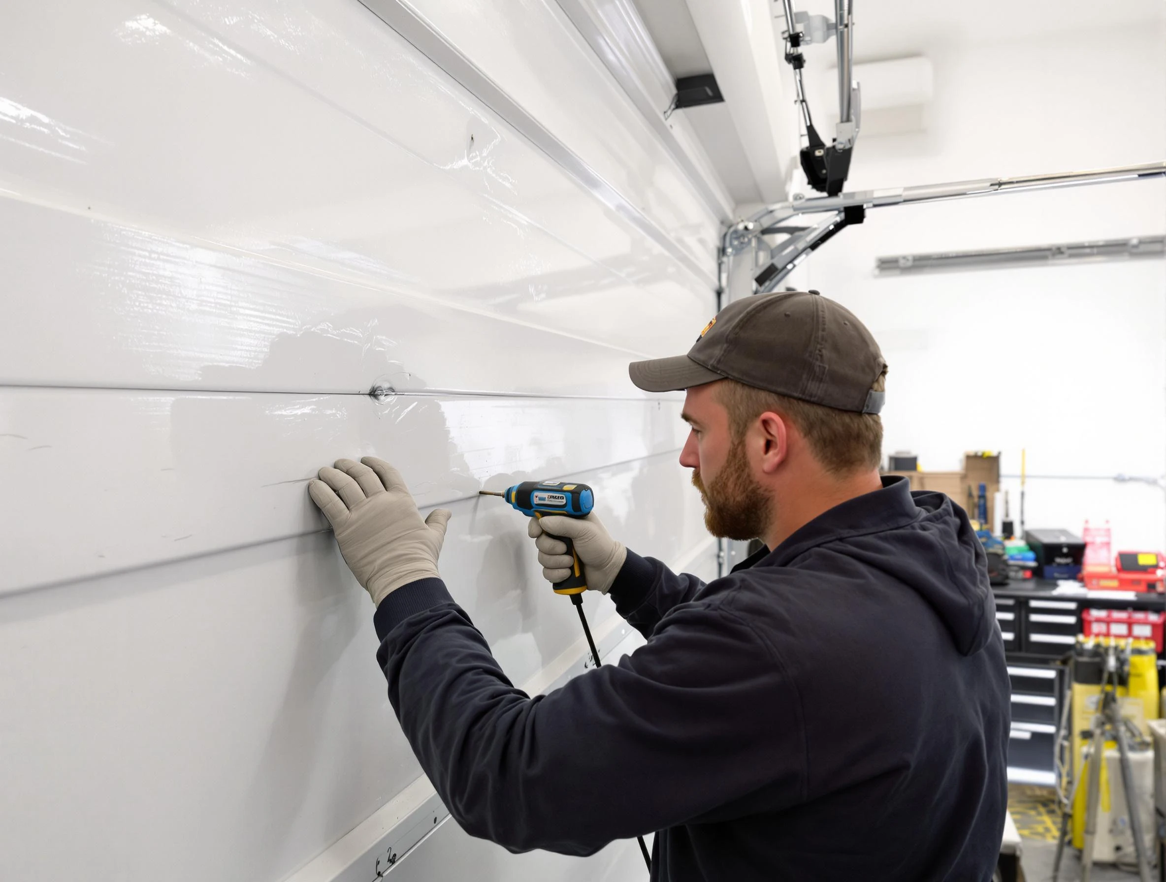 Locust Grove Garage Door Repair technician demonstrating precision dent removal techniques on a Locust Grove garage door